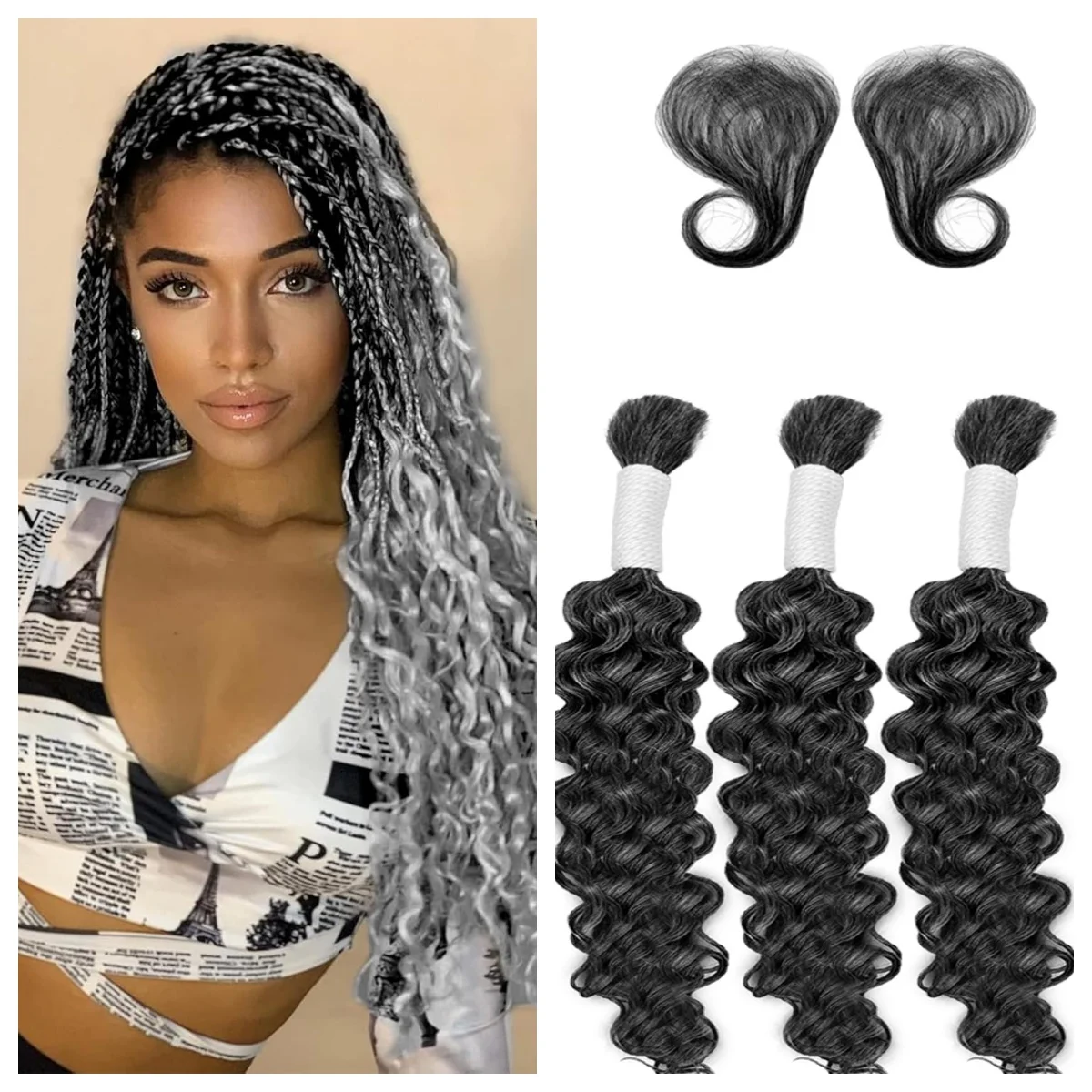 Deep Wave Bulk Braiding Hair 20inch 3pack  for Braiding Micro Quality Wave grey Water Wave Brazilian Virgin 100% Unprocessed Hai