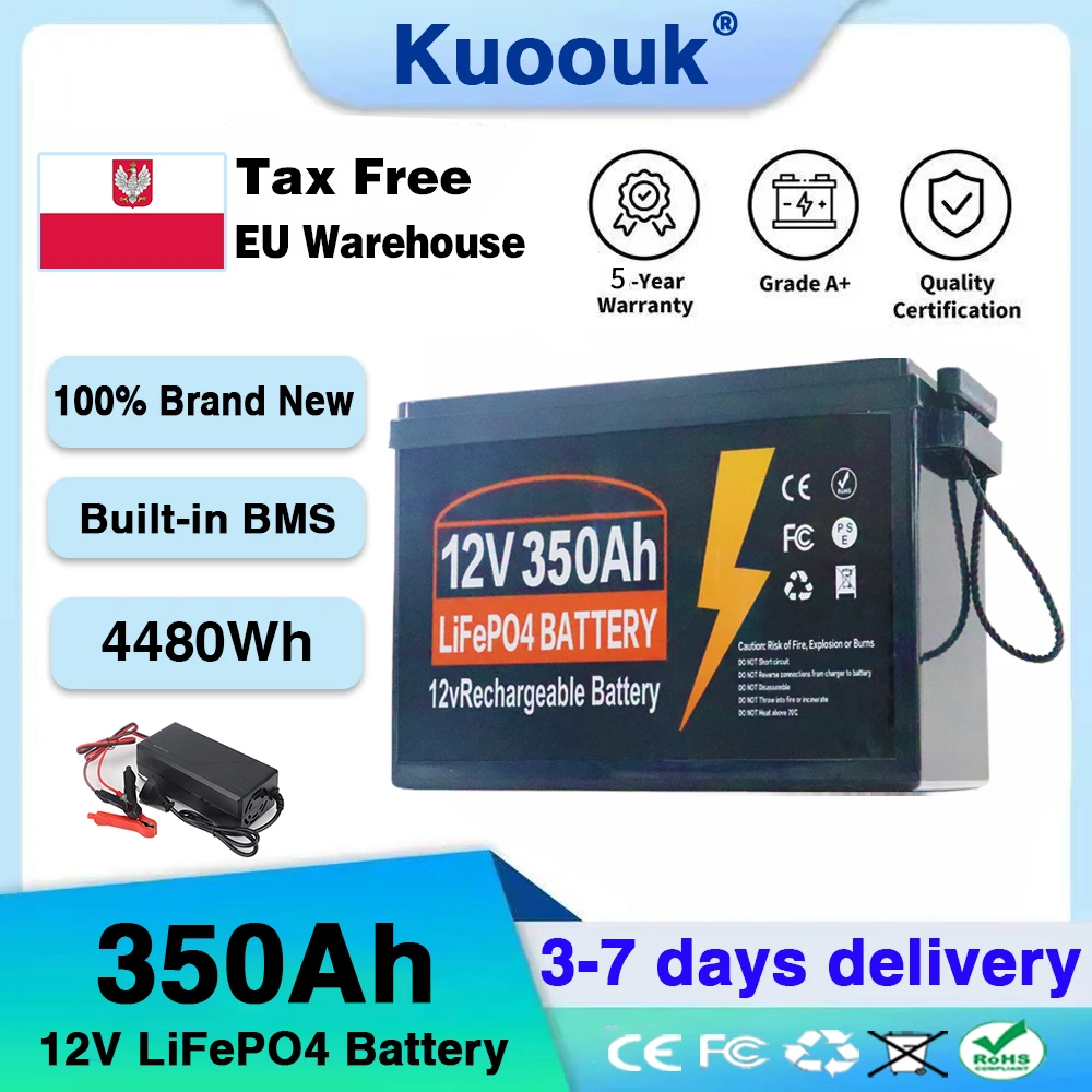 Batterie LiFePO4 12V 350Ah avec BMS intégré, protection contre les basses températures, 4480Wh d'énergie, cycle profond, idéale pour l'alimentation domestique/extérieure