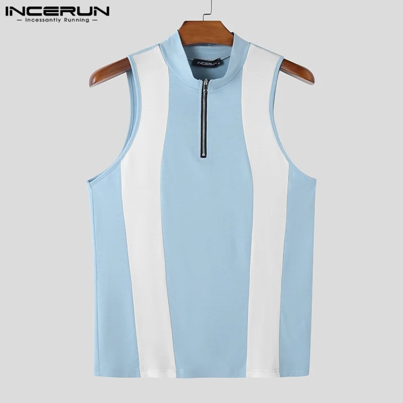 INCERUN Tops 2025 American Style Fashion Men's Spliced Contrast Zipper Design Vests Summer Streetwear Casual Hot Sale Tank Tops