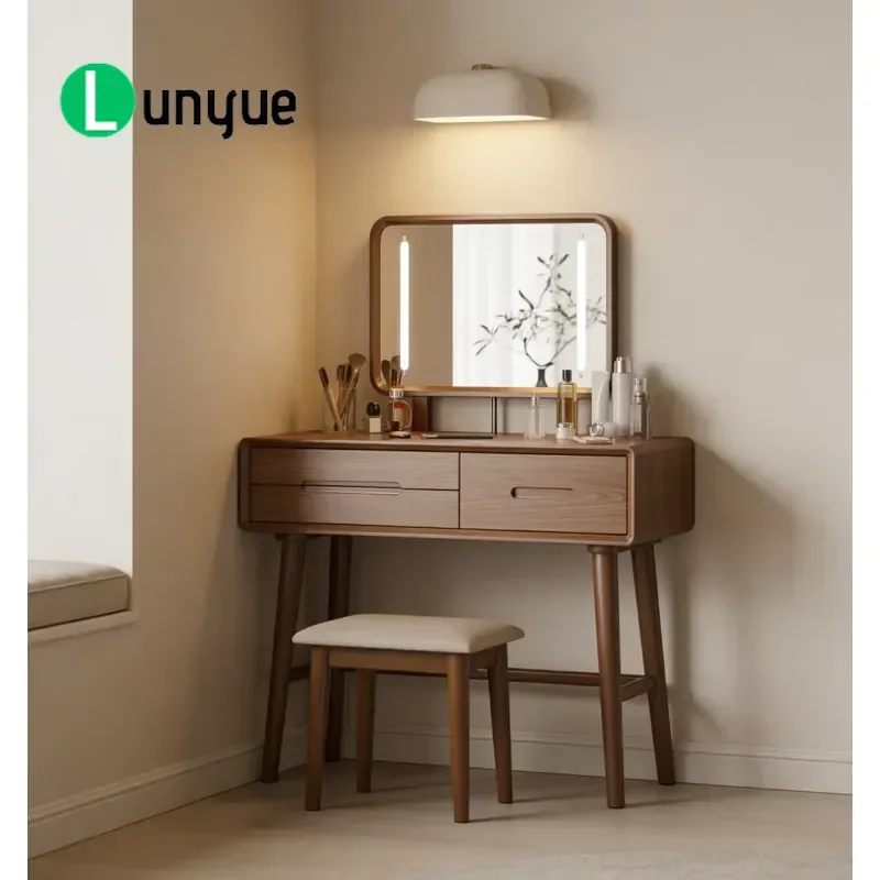 Solid Oak Modern Dresser with Adjustable Dimmable Mirror Lamp Eco Friendly Durable Storage Vanity Table for Bedroom Living
