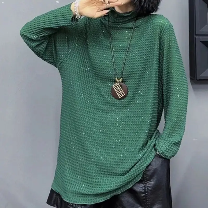 Fashion Sequined Pullovers Casual Pile Collar Female Clothing All-match Solid Color Spring Autumn Korean Commute Loose T-shirt