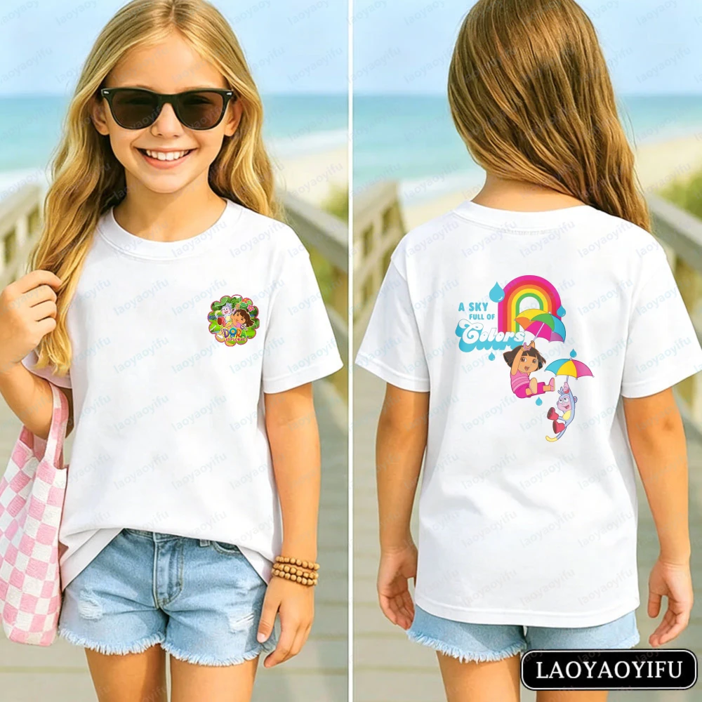 Vibrant Dora Adventure Kids T-Shirt Soft 100% Cotton Dora The Explorer Casual Tee Kawaii Girl Clothes Children's Cartoon Apparel