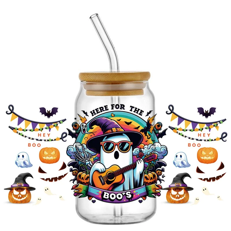 3D Cute Ghost Decal Waterproof UV DTF Cup Wrap for 16oz Libbey Glasses Can DIY Cartoon Halloween  Mug Washable Transfer Sticker