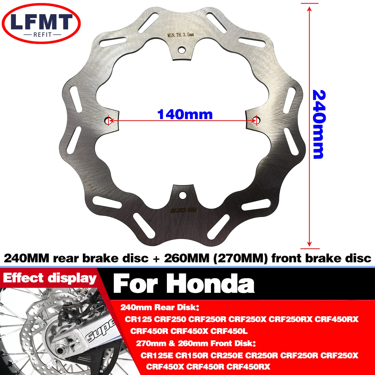 

270mm 260mm 240mm Front Rear Brake Disc Rotor For Honda CRF250X CRF450X 2004-2021 CRF250R CRF450R 2002-2021 CRF250RX CRF450RX