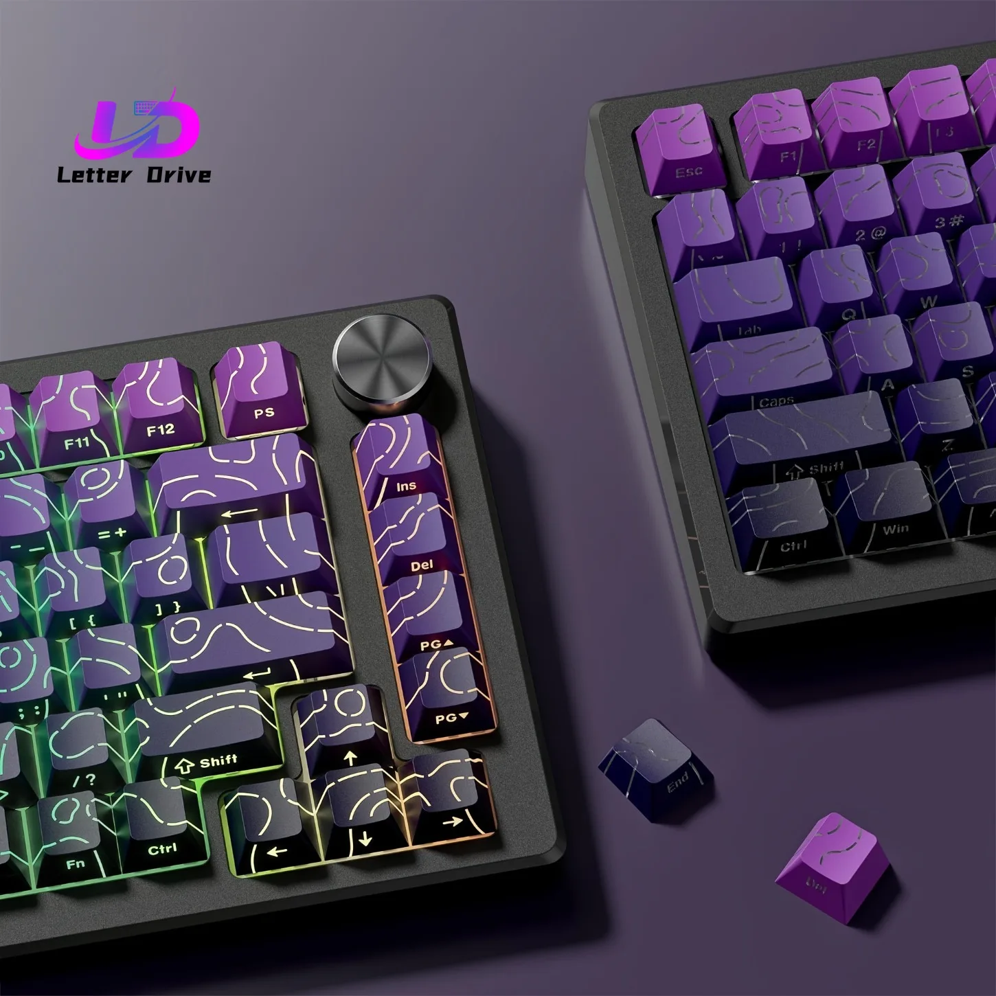 2026 OEM Profile PBT Keycaps 133+ Keys Contour Gradient Crack Pattern Black Purple Side Printed for 61-108 Mechanical Keyboards