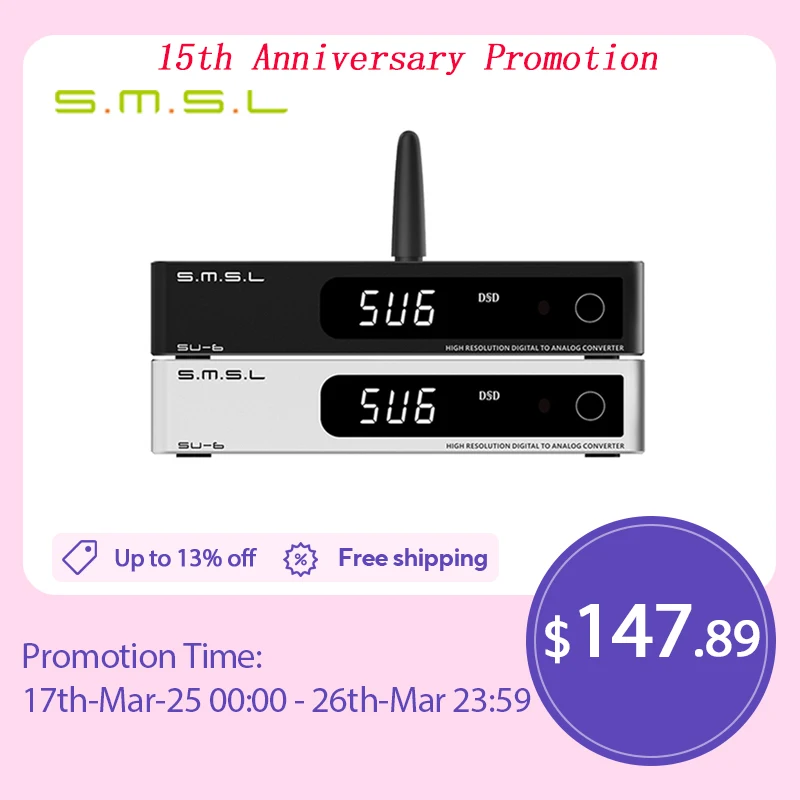 SMSL SU-6  SU6 HIFI Desktop mini audio USB DAC Decoder ES9038Q2M OPA1612*4 32Bit/768kHz DSD512 Bluetooth 5.0 with remote control