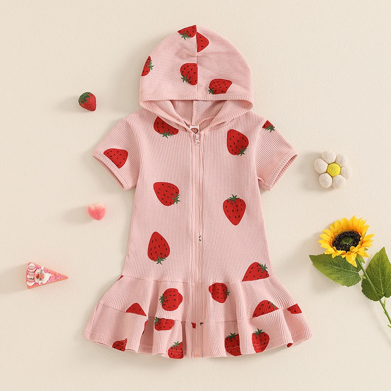 

Suefunskry Little Girls Swim Cover Up Dress Strawberry/Floral Print Zip Up Short Sleeve Hooded Waffle Beach Bathing Suit Wraps