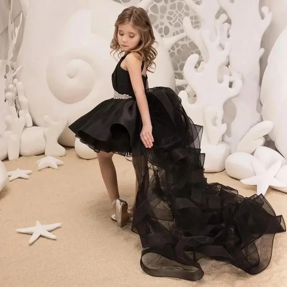 KLGFLD Gorgeous and elegant black children's dress Toddler Baby Girls Dress with small tail and fluffy veil dress