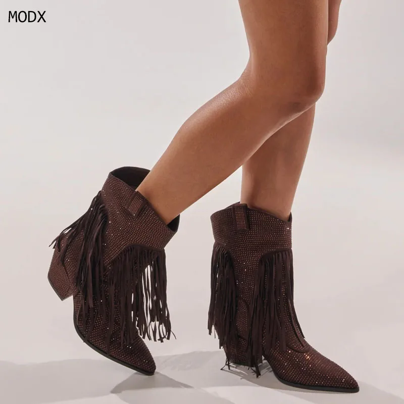 

2026 Women's Crystal Tassel Zipper Ankle Women Booties Sexy Pointed Toe Stiletto High Heel Runway Fashion Women Dress Boots 44