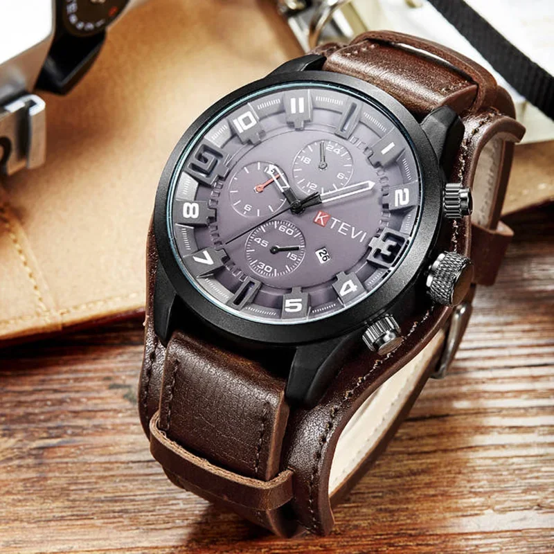 

YIKAZE Luxury Business Men Quartz Watch Classic Retro Men's Watches Big Dial Leather Strap Date Military Wristwatch for Man