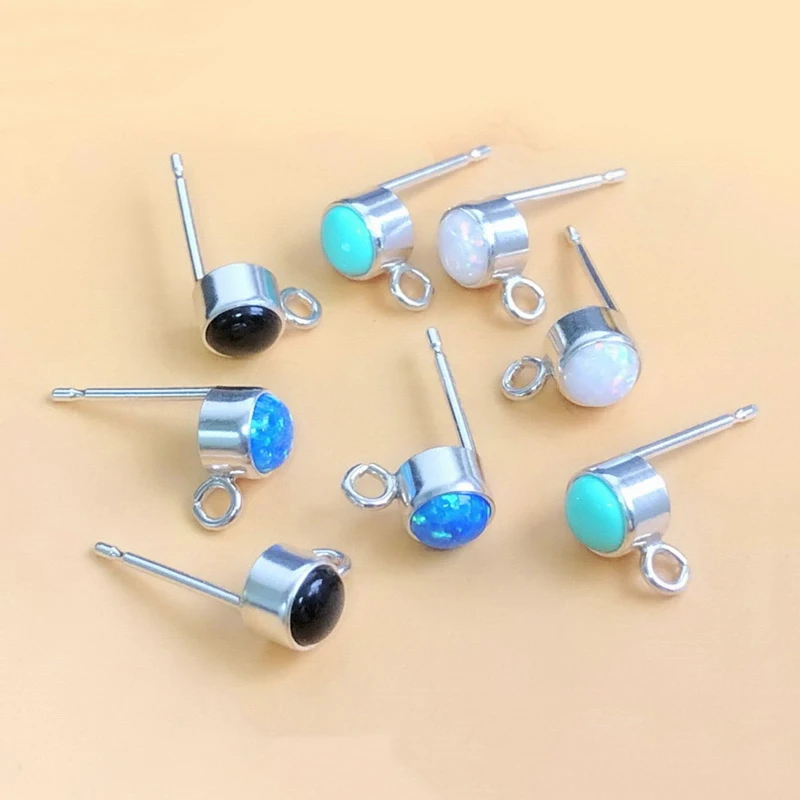 925 Sterling Silver 4mm Synthetic Opal Bezel Post Earring Loop Ear Components Wholesale Jewelry Findings