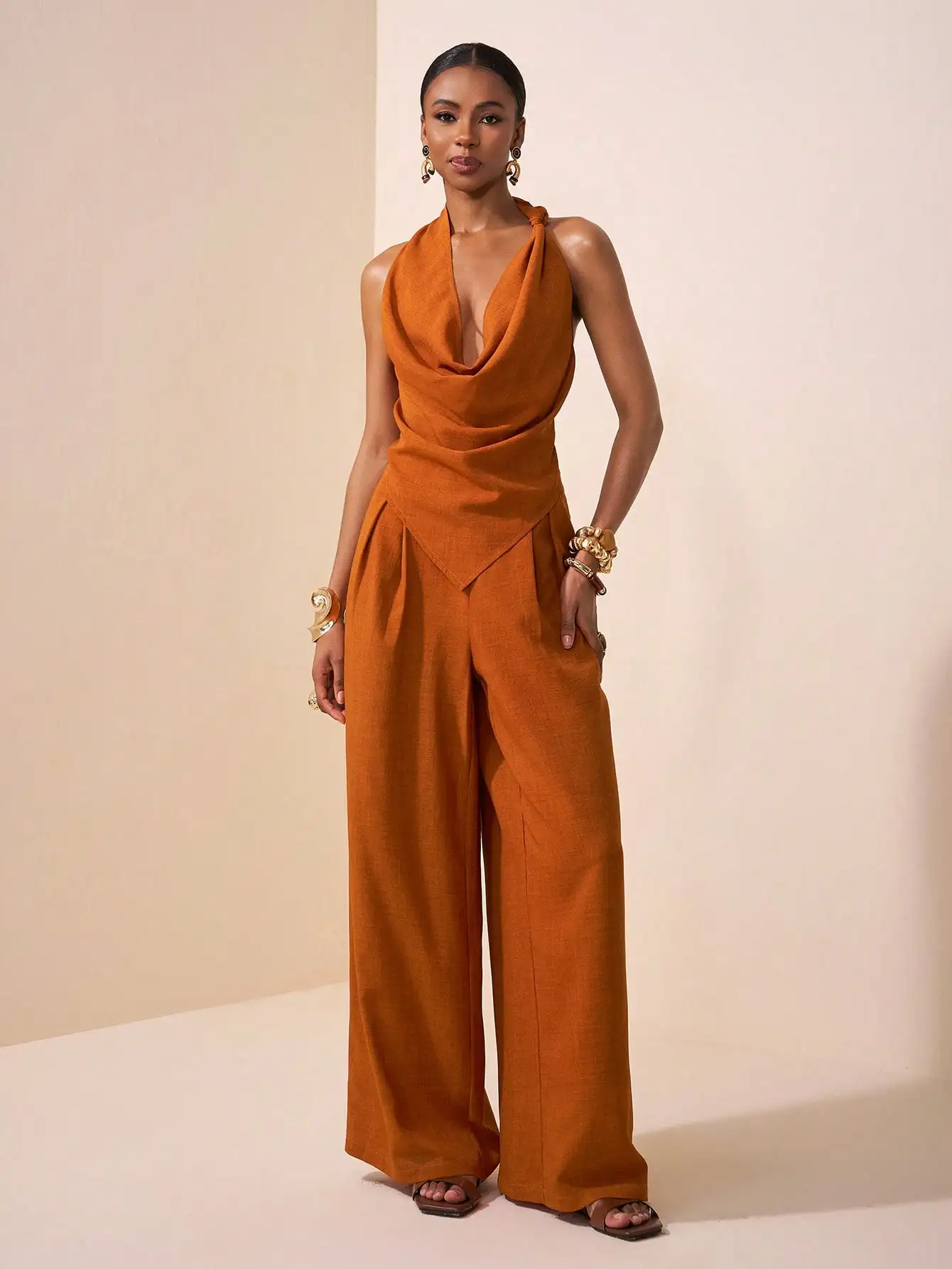 

Асимметричный укороченный топ с завязками в стиле бохо и широкие льняные брюки, комплект из 2 предметов для фестиваля, берега, отпуска