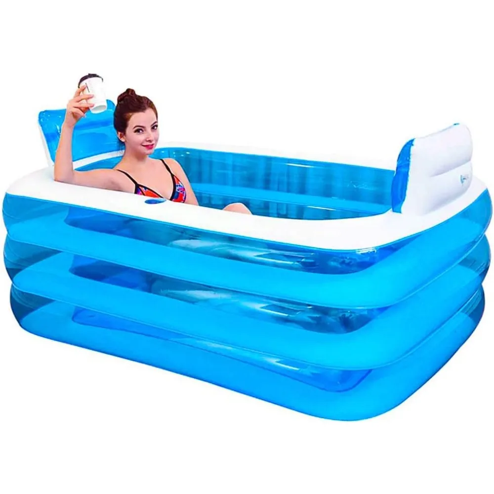 

XL Blue Color Inflatable Bathtub Plastic Portable Foldable Bathtub Soaking Bathtub Home SPA Bath, 160x120x60cm