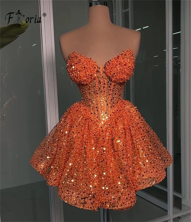 Orange Stunning Sequin Beaded Prom Dresses Arabic A Line Short Evening Dress Cocktail Party Gown Gala Vestidos birthday dresses