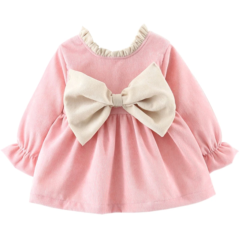 Spring Autumn Baby Girl Outfits Korean Cute Bow Fleece Long Sleeve Princess Toddler Dress Kids Dresses Newborn Clothes BC832