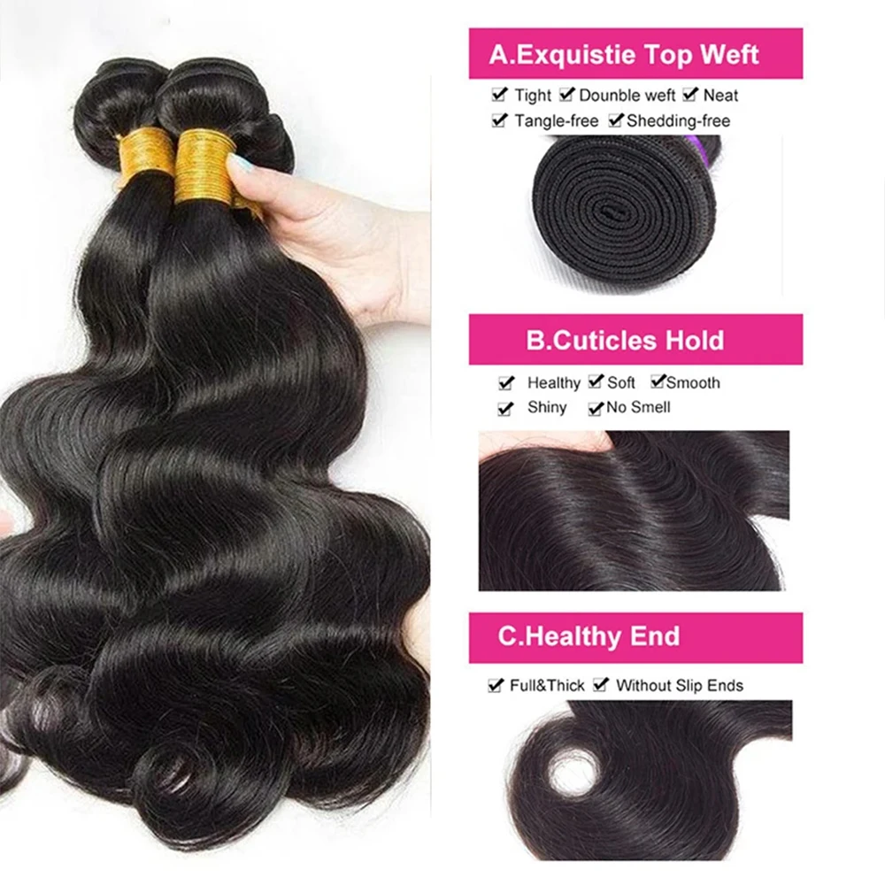 Pacotes de cabelo humano da onda brasileira do corpo, 100% extensão do cabelo humano, 8-32 em, Long Remy Hair Weave, cabelo humano virgem não processado