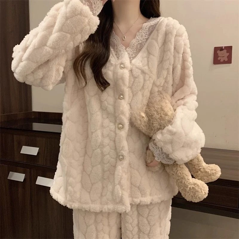 Pajamas Women Autumn Winter Small Fragrant Coral Velvet V-neck Lace Flannel and Velvet Thickened Plus-size Home Wear Loungewear