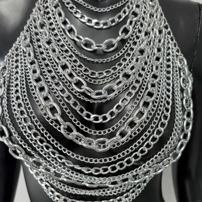39BC Punk Theme Body Chain Metallic Chest Chain Tassels Necklace Women Body Jewelry