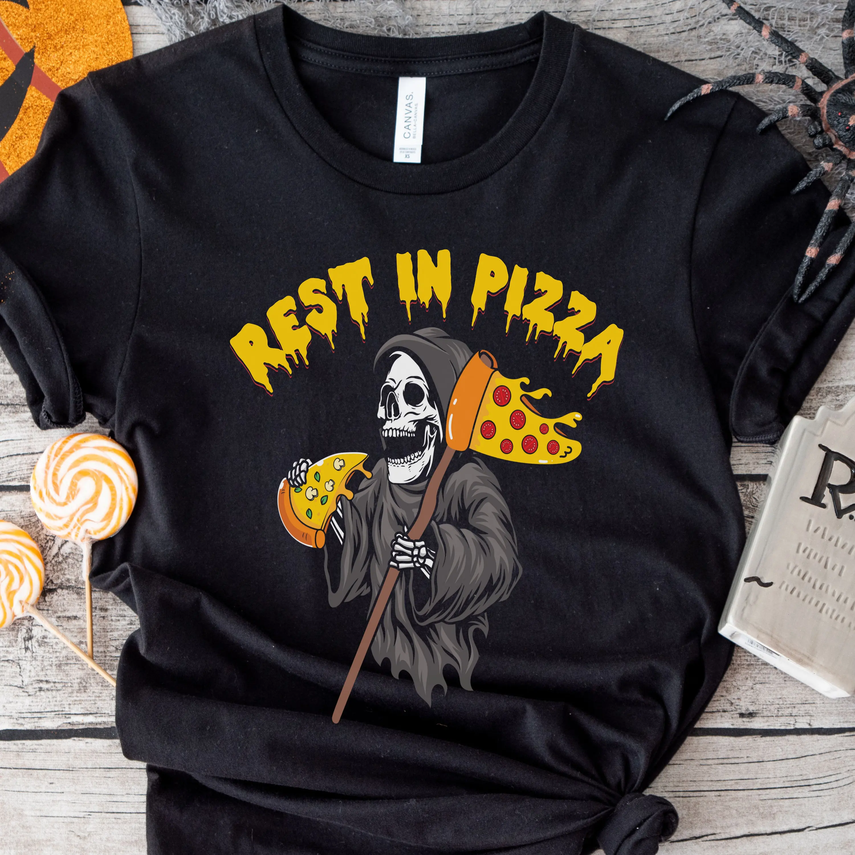 Rest in pizza funny grim reaper Halloween party gift lovers we crust Foodie humour T shirt