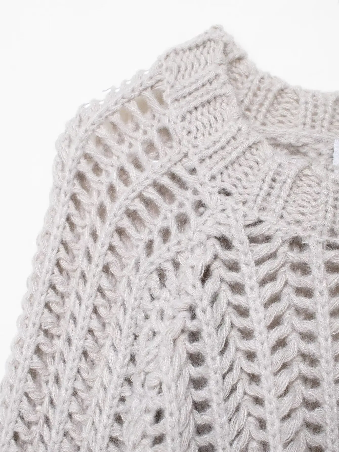 2025 doux gros Crochet évider trou pulls femme col rond manches Raglan nœud fente pull tricots pull ample gris