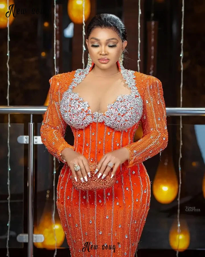 

African Sparkly Orange Evening Dress Muslim Plus Size Mermaid Formal Prom Gown 2024 For Women Elegant Party Dress for Black Girl