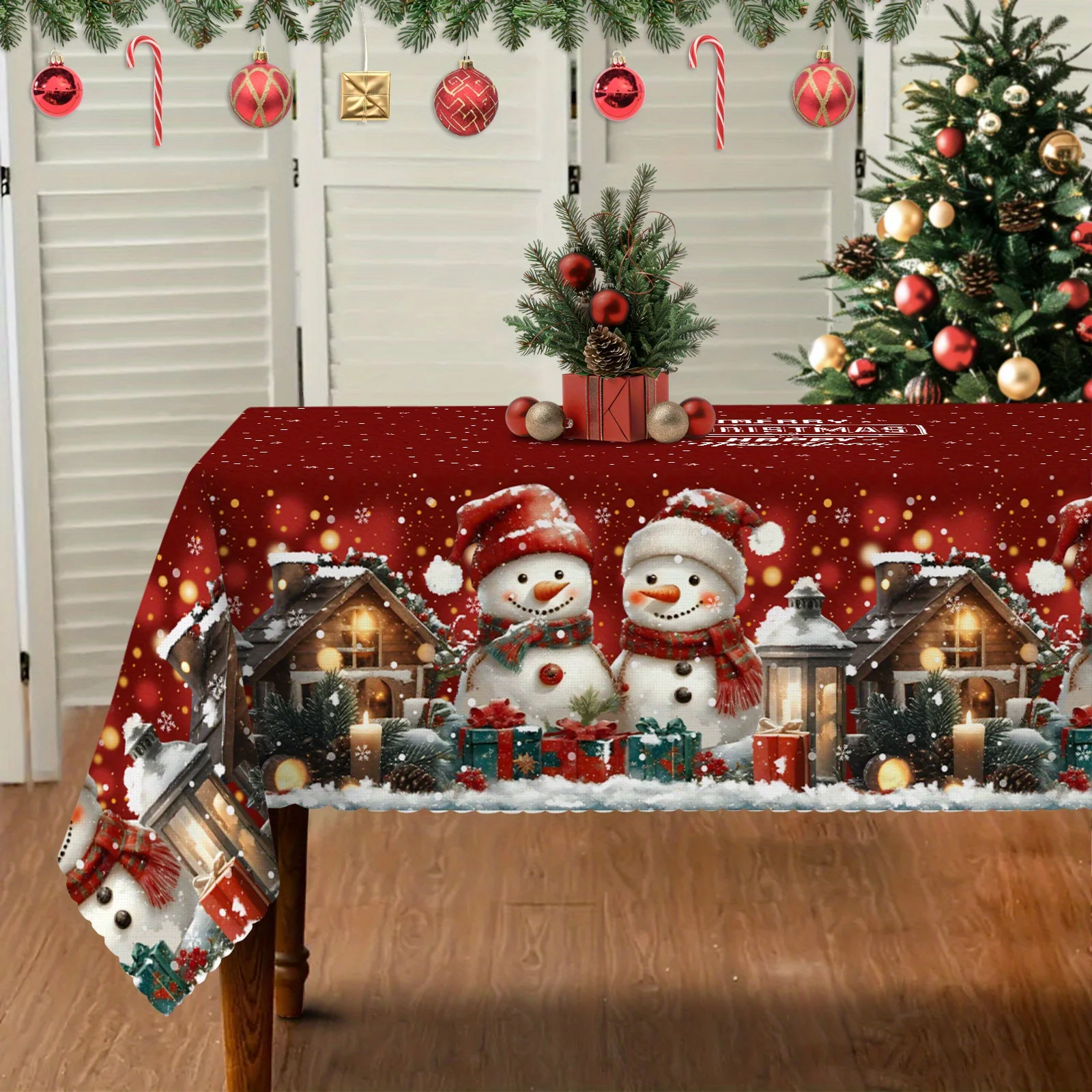 1pc VESPRI Christmas Snowman Tablecloth with Snowflake & Snow Farm Design - Winter Themed Rectangular ' Table, Fabric Suitable for Indoor/Outdoor Holiday Dining, Farmhouse Decorations