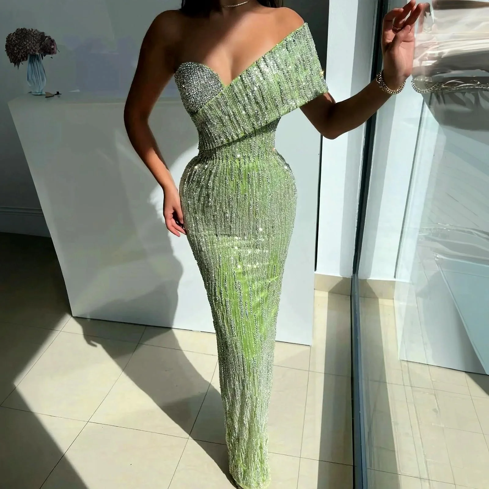 

Асимметричное облегающее платье на плечах со стразами Яблочно-зеленое длинное бальное платье для банкета, свадьбы, вечеринки, настраиваемое