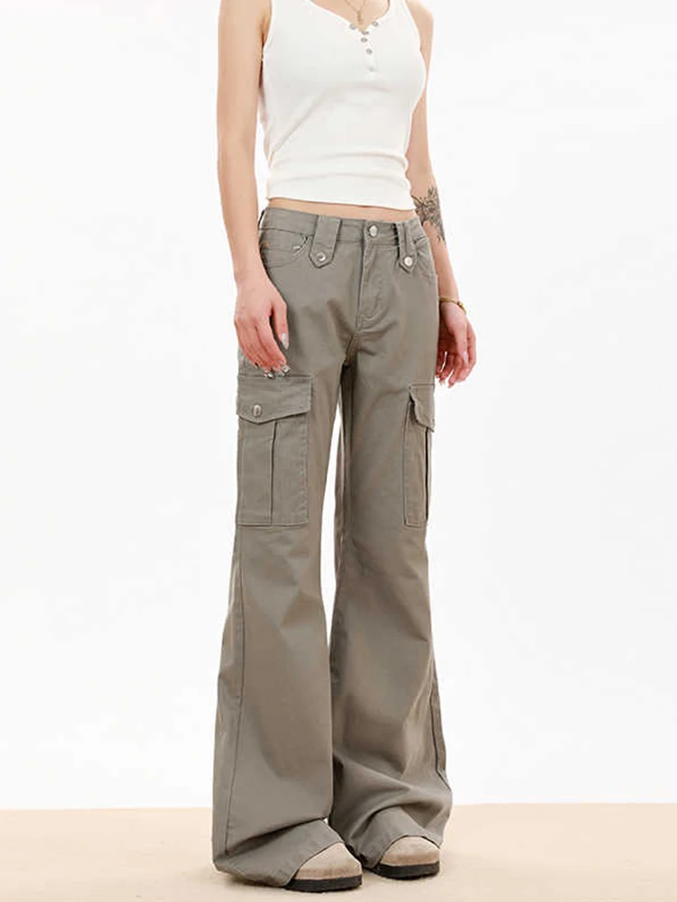 جينز نسائي منخفض الارتفاع كاكي أمريكي ريترو Bootcut جينز دينم سروال Y2k ياباني 2000s شارع العليا Harajuku جرس سفلي