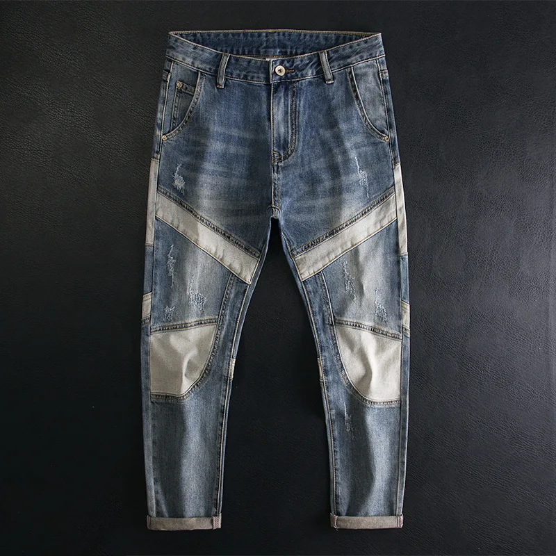

High end contrasting splicing jeans for men, slim fit, elastic, personalized design, motorcycle style retro long pants