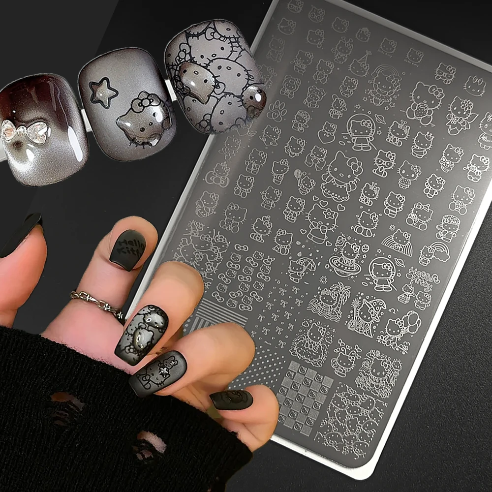 3 pz Kawaii Hello Kitty Nail Stamping Piastra-Scraper-sigillo Set Nuovo 14.5*9.5 cm Kitty Punti d'onda Linee Piastra in acciaio per unghie Forniture TL