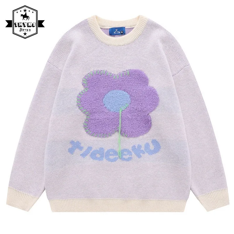 

Japanese Harajuku Sweater for Men Pink Floral Flocking Pullover Women Casual Unisex Oversized Sweater Cute Knitted Sweatshirt