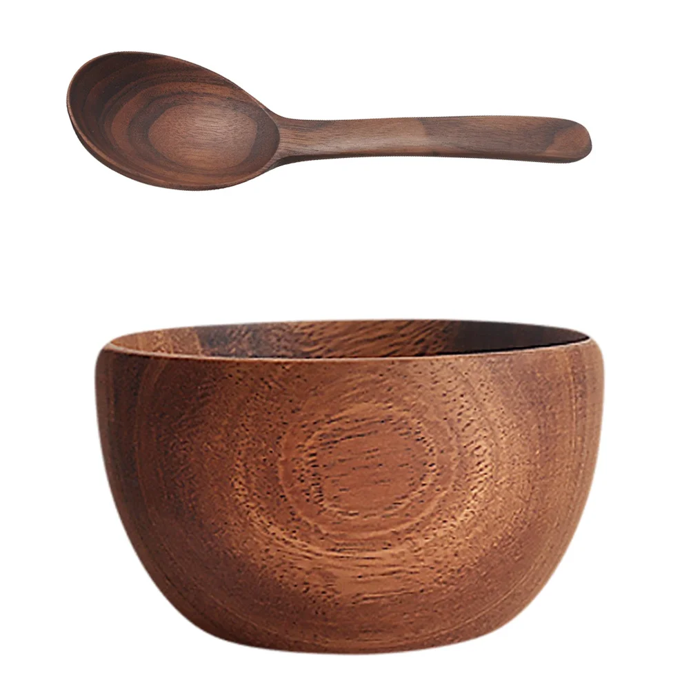 

2pcs Acacia Wood Bowl Spoon Set Natural Handmade Serving Bowls For Salad Rice Soup Snacks Fruit Dessert Kitchen Home Use