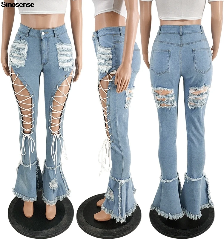 Damskie podarte jeansy dzwony z elastyczną talią, surowym wykończeniem, seksowne spodnie dżinsowe na co dzień, na randkę, na ulicę, do klubu nocnego, na imprezę, rozszerzane jeansy.