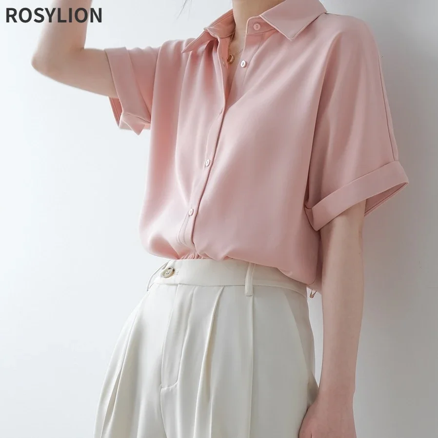 

Summer Thin Satin Draped Short Sleeve Button Up Chiffon Shirt for Women Japanese Style Loose Pink Green Cute Sweet Shirt Top