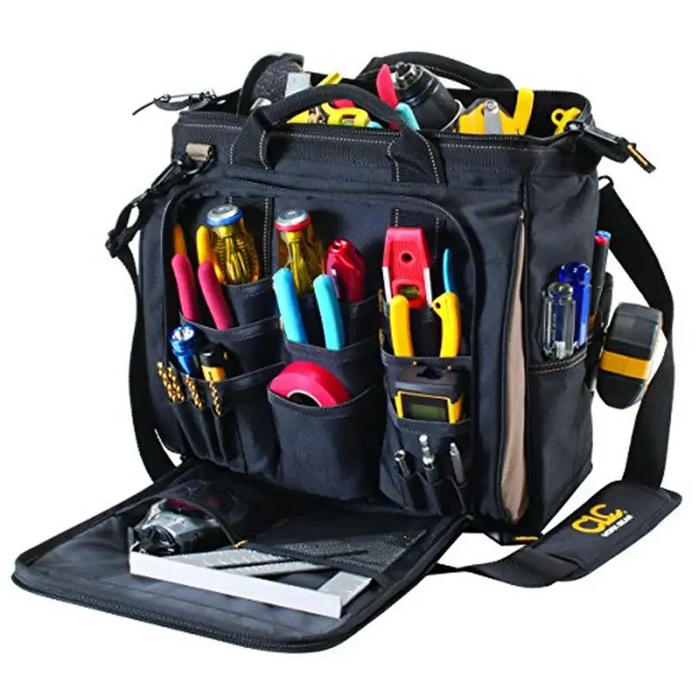 30-Pocket Tool Bag with Zippered Side Panel Vertical Tool Pockets Comfortable Carrying Handles Adjustable Shoulder Strap 13