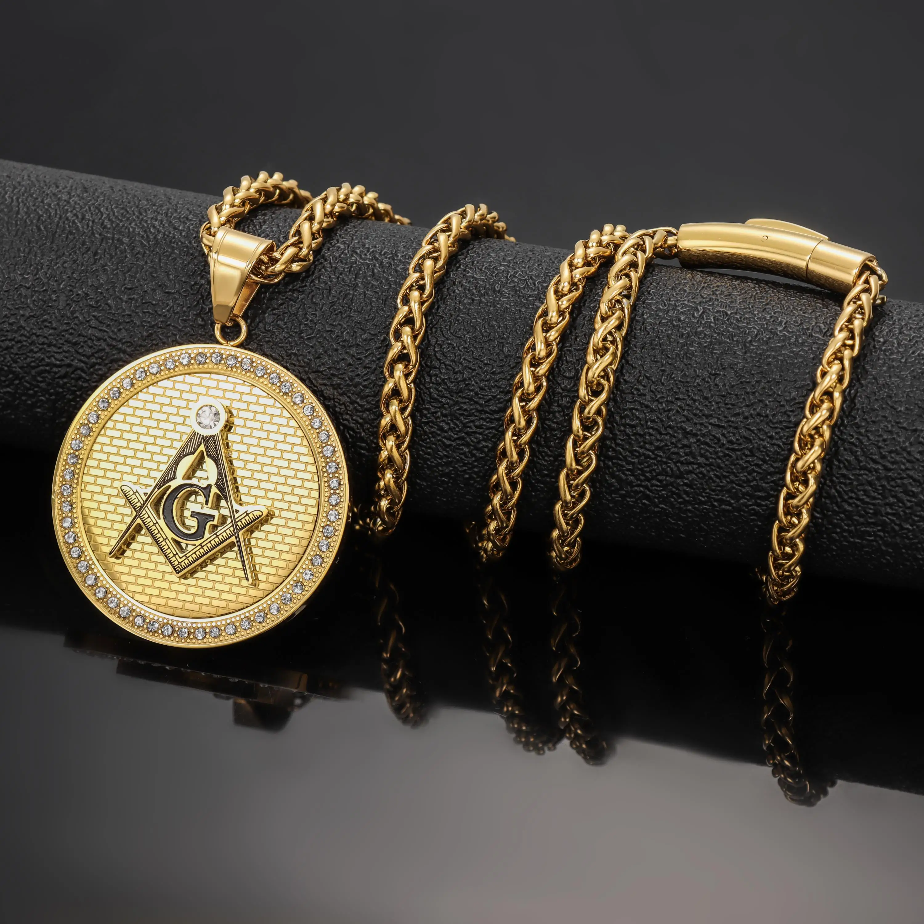 HAWSON Masonic Crystal Pendant Necklace For Men Stainless Steel Compass Square Letter G Symbol Party Jewelry Gift