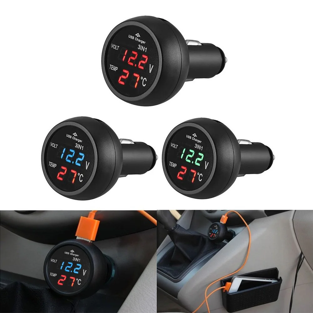 3 in 1 12/24V Car Volt Meter Auto Digital LED Car Voltmeter Thermometer Car Truck USB Charger Current Meter Volt Detector