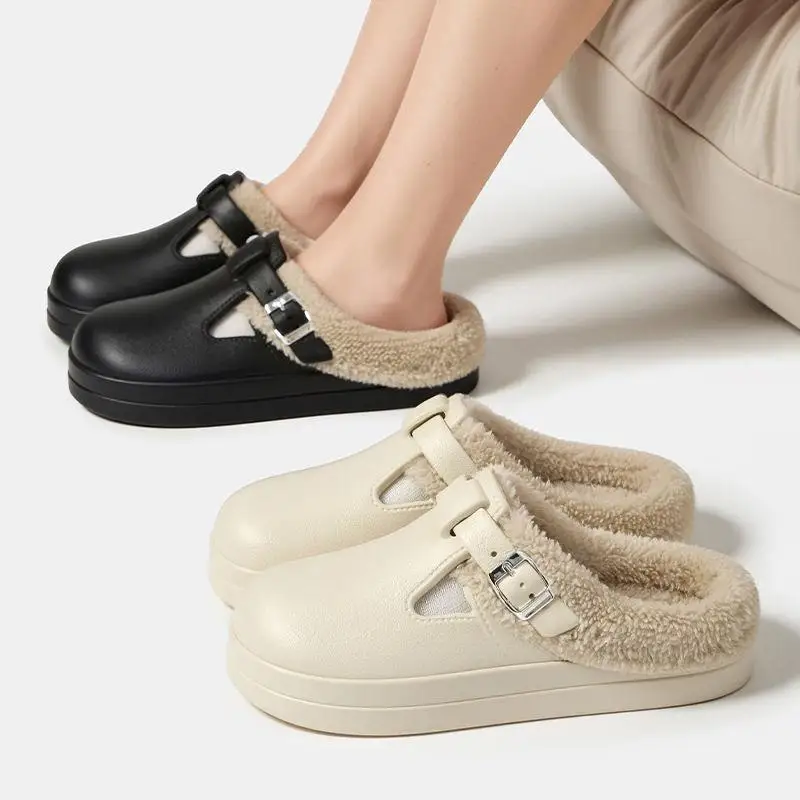Lässige Plüsch-Hausschuhe mit Metallschnalle für Damen, Winter 2026, weiche, dicke Sohle, wasserdichte EVA-Hausschuhe, pelzige Clogs für Damen – Detail 3
