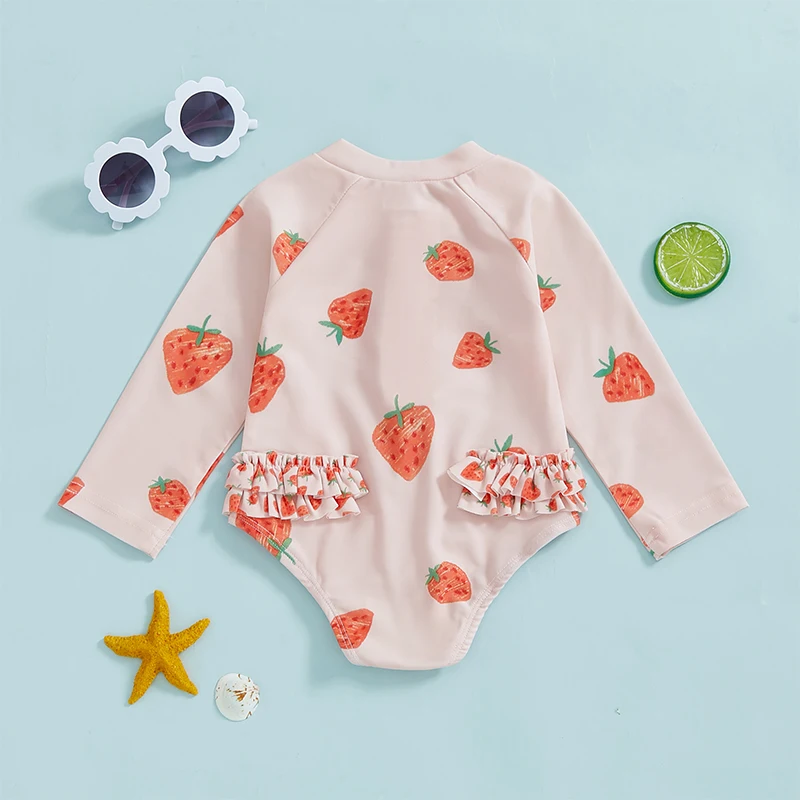 6M-3T Toddler Girls Rash Guard Swimsuit Rompers Long Sleeve Strawberry/Floral Print Baby Bathing Suit Swimwear