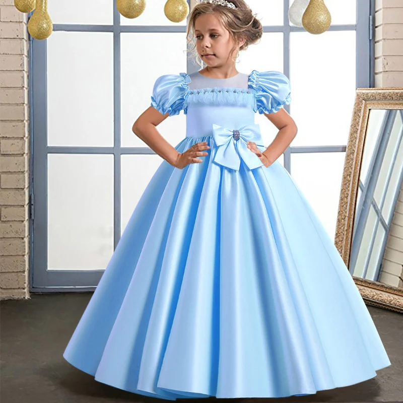 2022 new girls\' embroidered bow princess dress children\'s fashion temperament mesh dress banquet host show evening dress