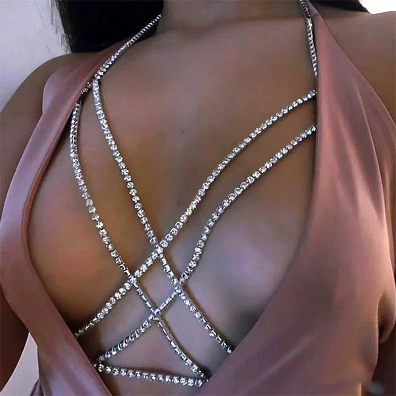 Sexy Crossover Chest Chain Necklace Summer Bikini Beach Prom Nightclub Sexy Body Jewelry for Women and Girls