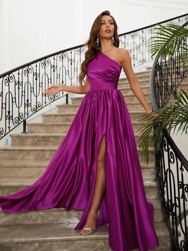 

Vinca Sunny One Shoulder Prom Dresses Long Satin Purple with Slit A Line Formal Party Evening Gowns Women Dresses Custom made