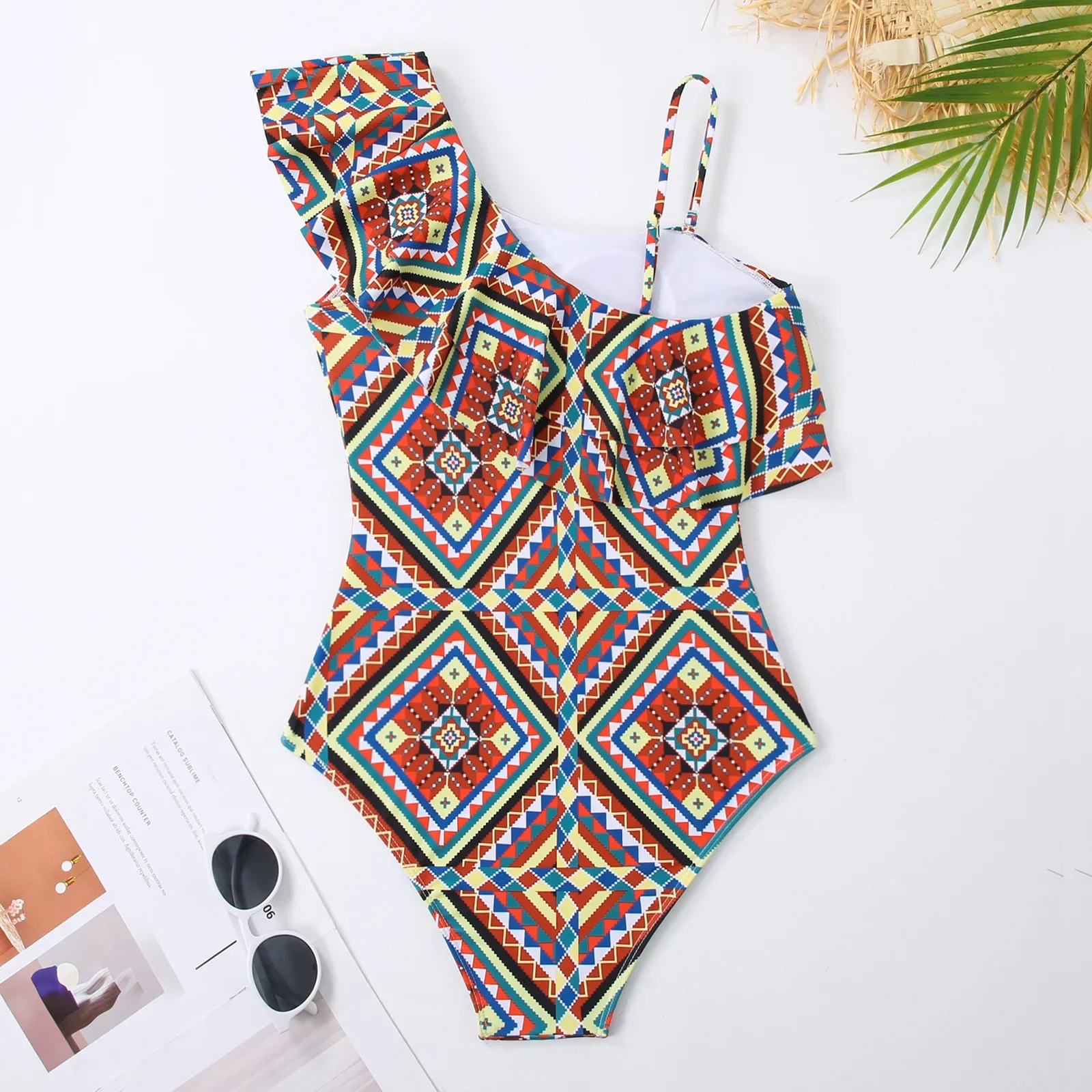เซ็กซี่ One-piece ชุดว่ายน้ํากระโปรงชุดว่ายน้ําผู้หญิงบอดี้สูทหนึ่งไหล่ Ruffle Aztec Biquini ชุดว่ายน้ําชายหาดสระว่ายน้ํา 2024