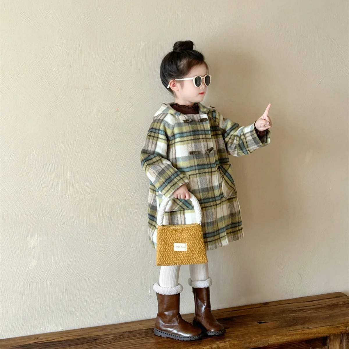 Girls Coat 2024 Winter New Childrens Clothes Korean Style Girl Baby Hooded Long Plaid Cotton Wool Coat Casual Disposition