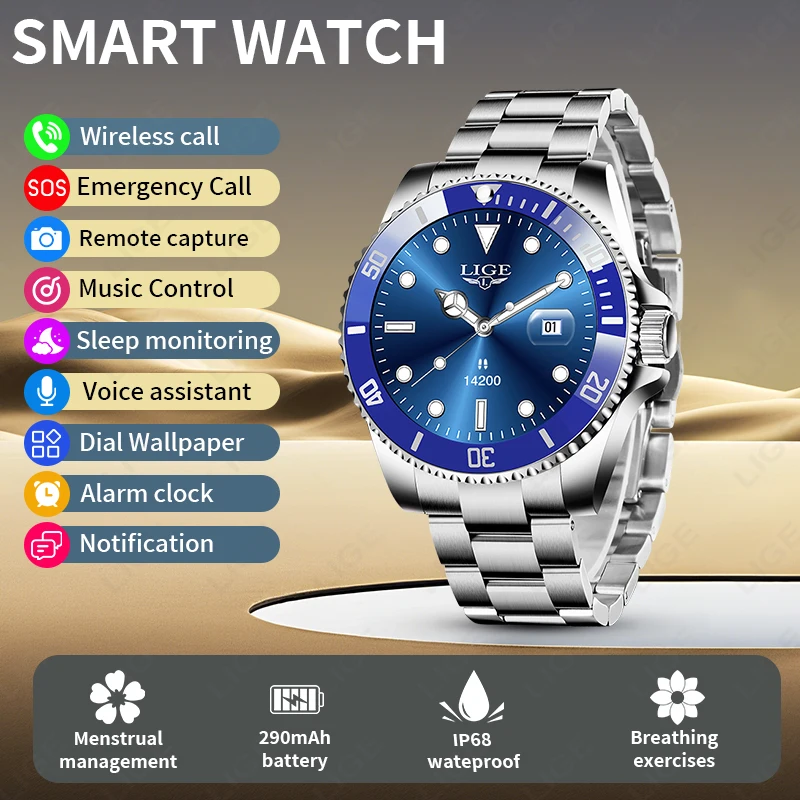 

LIGE 2025 мужские деловые умные часы с напоминанием о вызове IP68 водонепроницаемый голосовой помощник Bluetooth вызов спортивный фитнес-трекер умные часы