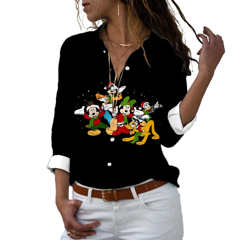 2022 Christmas Collection Women\'s Fashion Blouse Fall Long Sleeve Disney Mickey and Minnie V Neck Shirt Casual Ladies Top Y2k