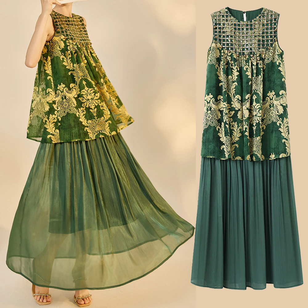 

Sexy Women's Sleeveless Long Dress New Chinese Style High Quality Rayon Beads Sequined Embroidery Cheongsam Evening Party Gown