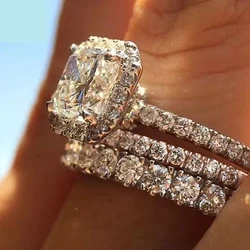 Huitan Modern Fashion Geometric Square Cubic Zirconia 3Pcs Set Women Rings 2023 New Trendy Wedding Party Rings Luxury Jewelry