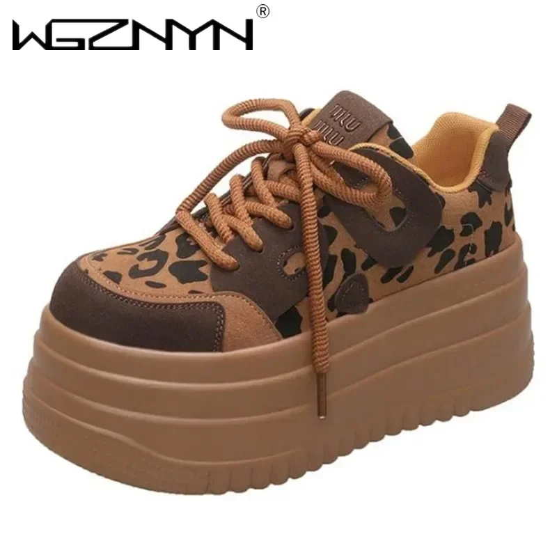 NEW Brand Chunky Leather Women Casual Shoes Leopard 7.5CM High Platform Wedge Heel Sneakers Female Women Spring Skateboard Shoe