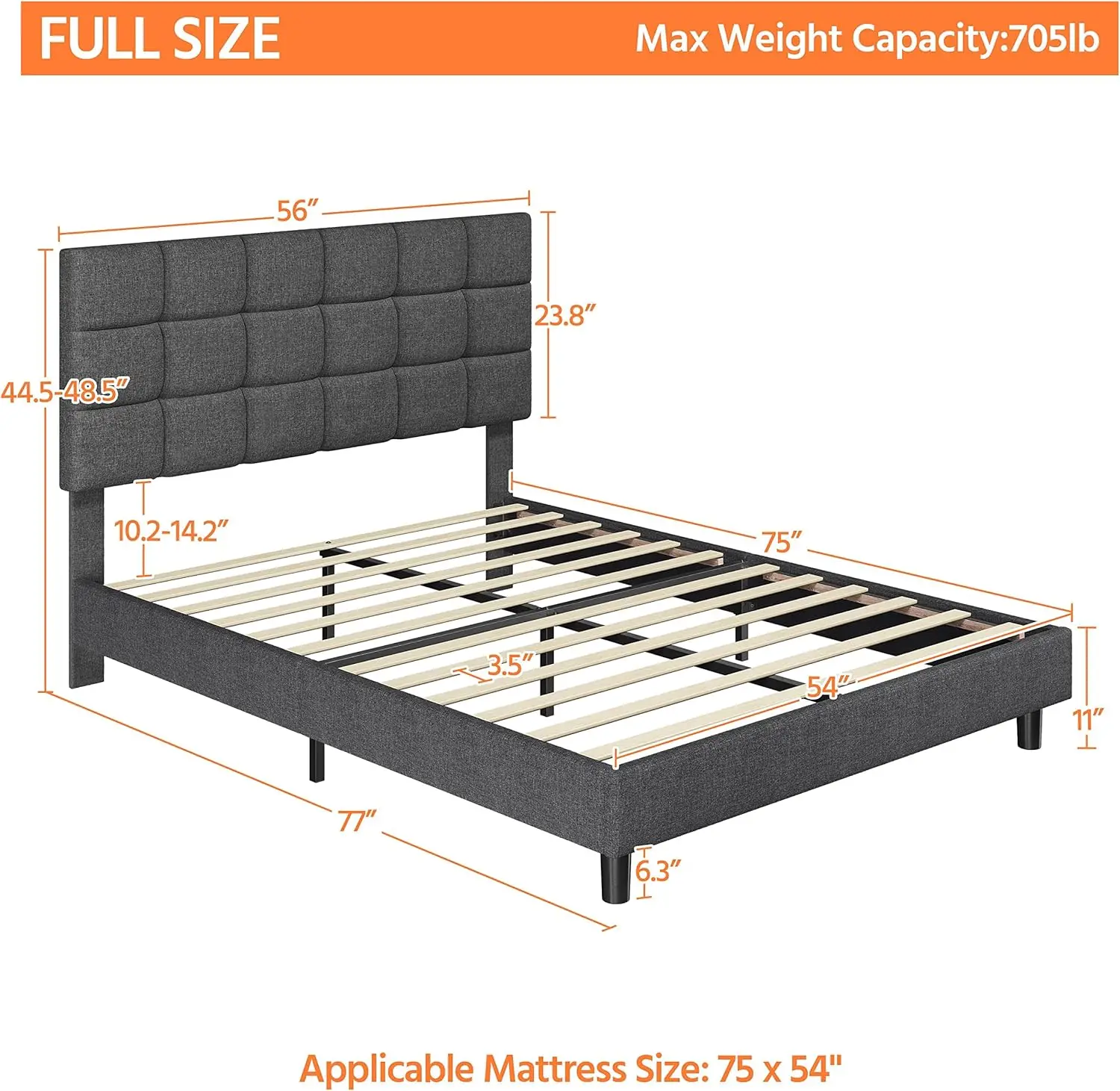 Zacht Gewatteerd Bedframe, Platform Bedframe Met Verstelbaar Hoofdeinde, Stevige Houten Steun, Geen Boxsprings Nodig, Donkergrijs